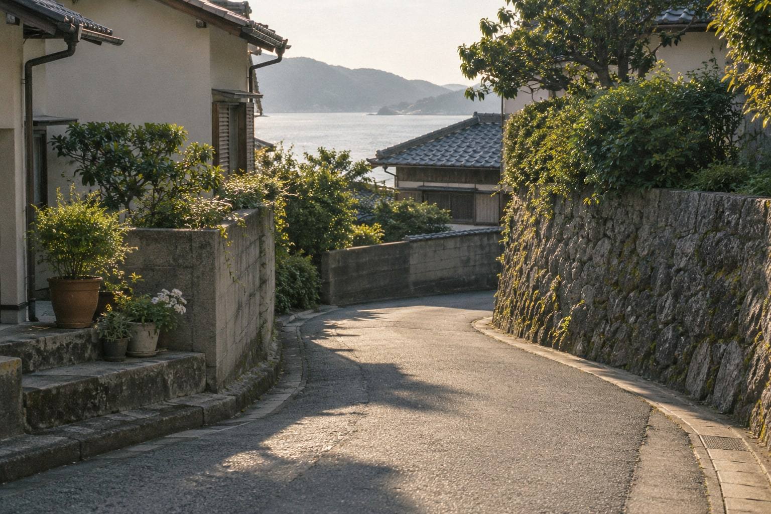 石垣と鉢植えに挟まれた細い坂道が、ゆるやかに曲がっていく。曲がり角の先は見えず、家並みの向こうに海と山が見える。